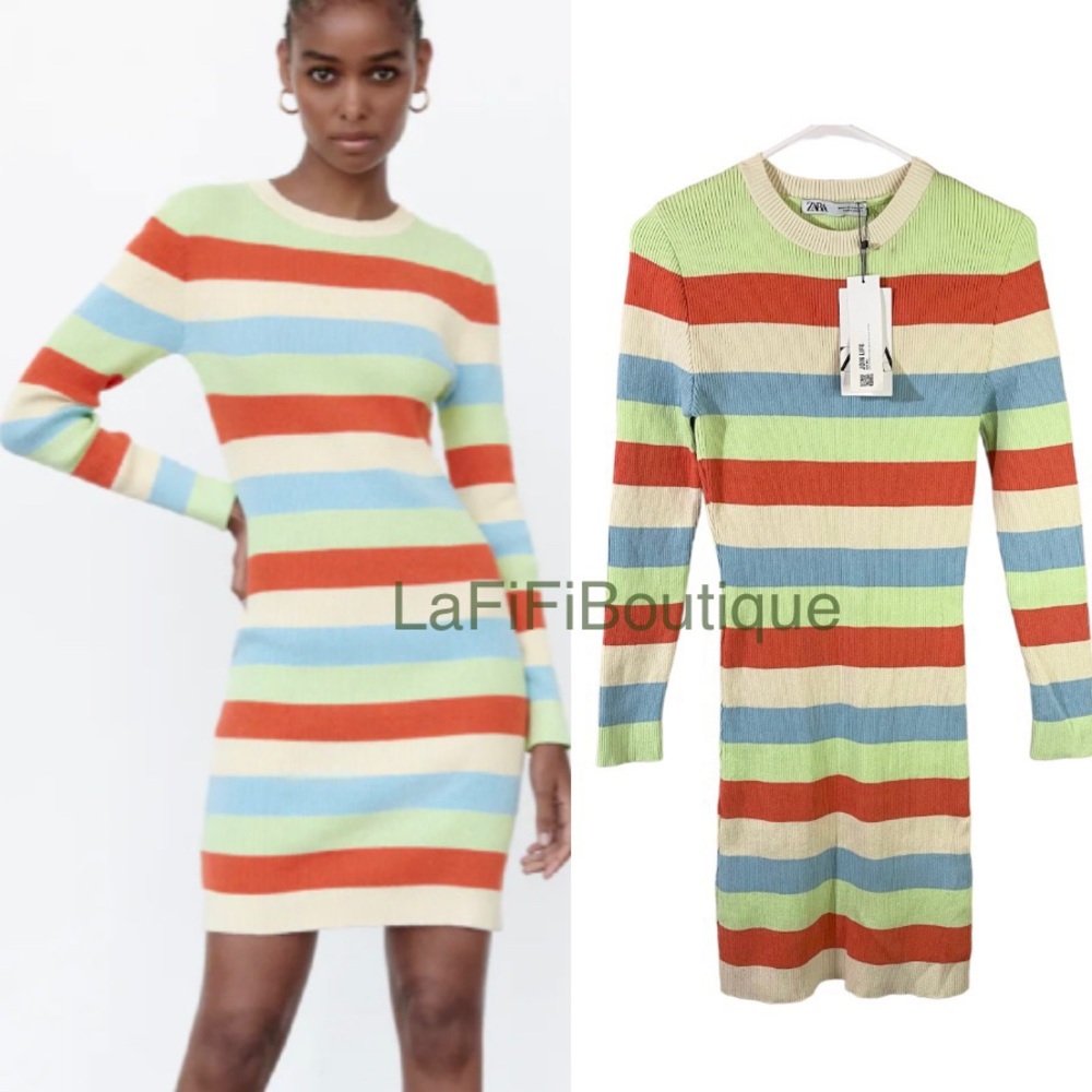 ZARA ribbed knit striped fitted multicolor dress women Size Medium long sleeves